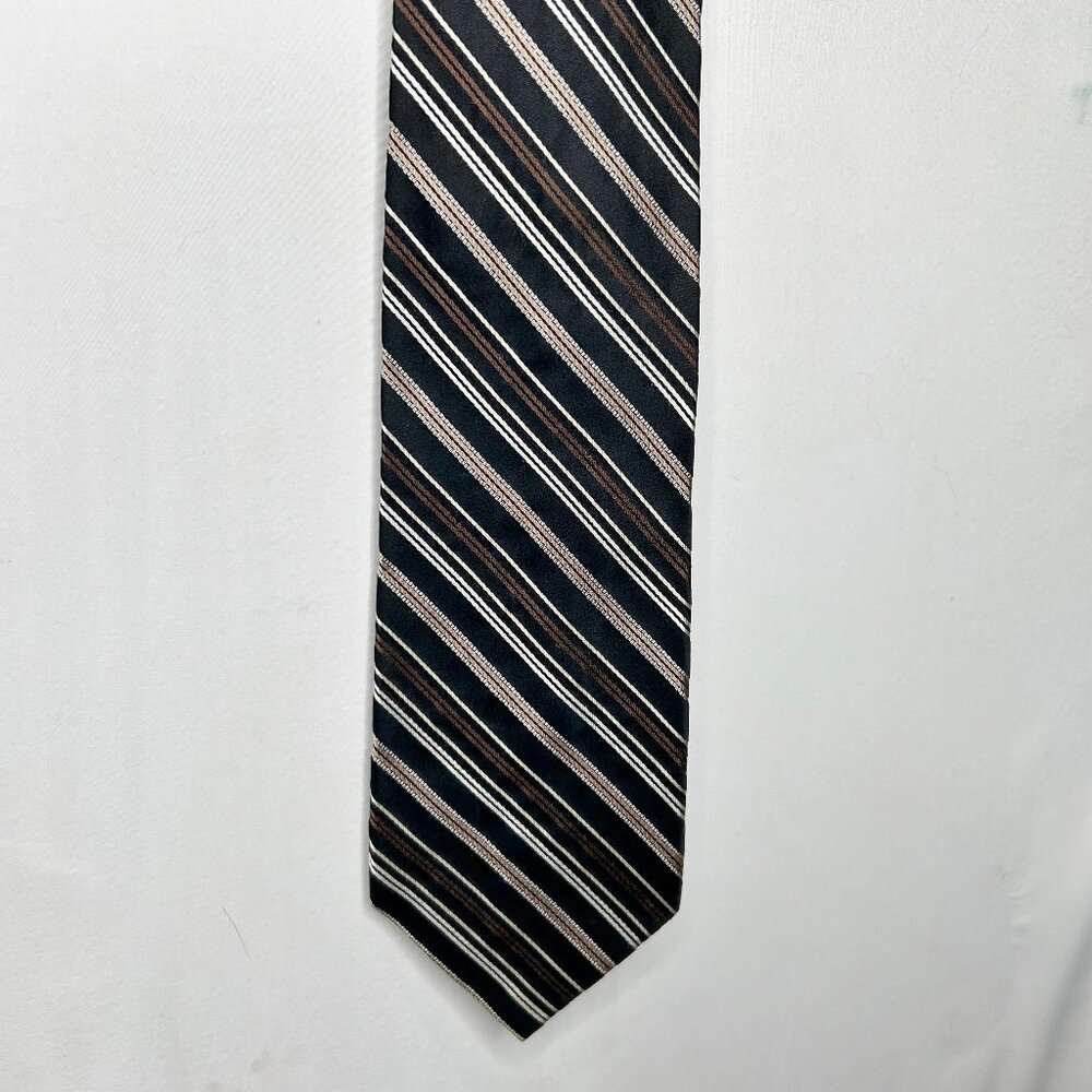 Pierre Cardin Men’s Neck Tie 3 ¾” Silk Black Brown Beige Stripe Necktie Handmade